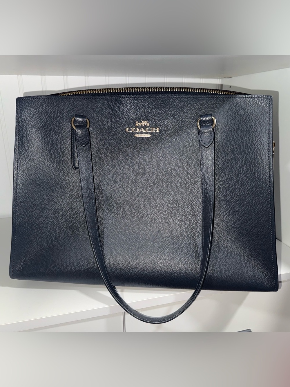 Coach Navy Pebbled Leather Tote with Gold Hardware